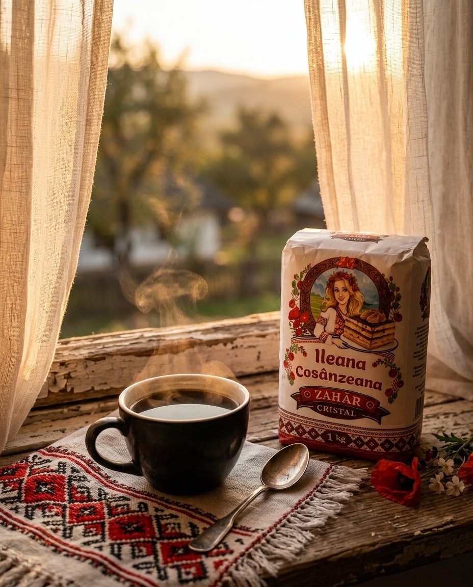 Cană de cafea și pachet de zahăr cristal Ileana Cosânzeana pe un ștergar tradițional românesc, la fereastră